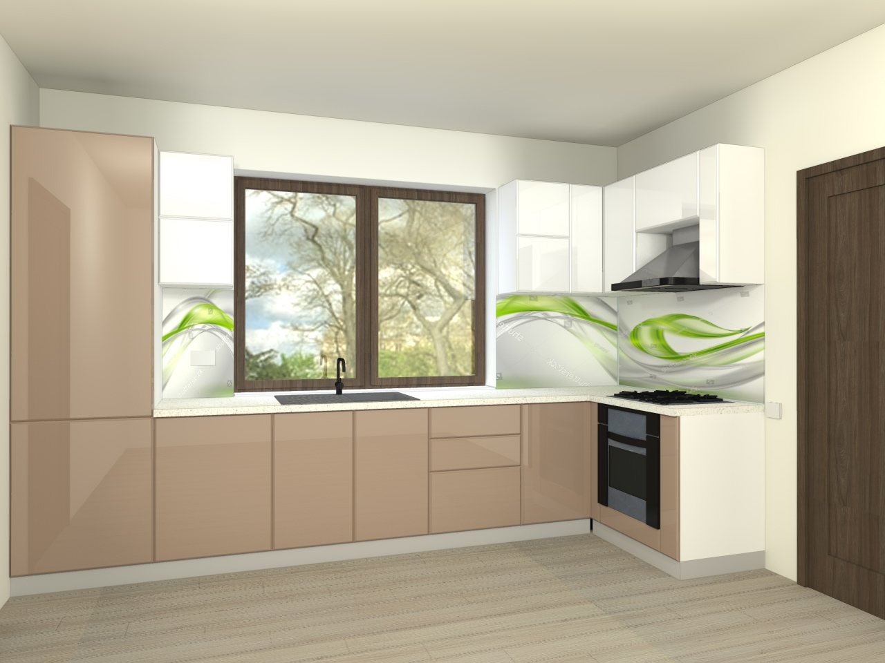 Proiect 3D al bucătăriei cappuccino și alb