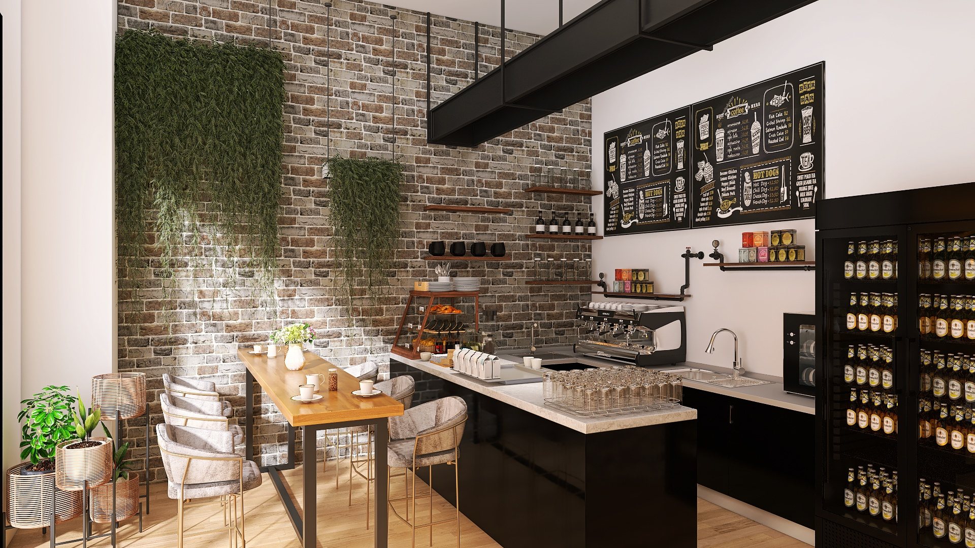 Randare: cafenea cu perete de cărămidă și bar negru