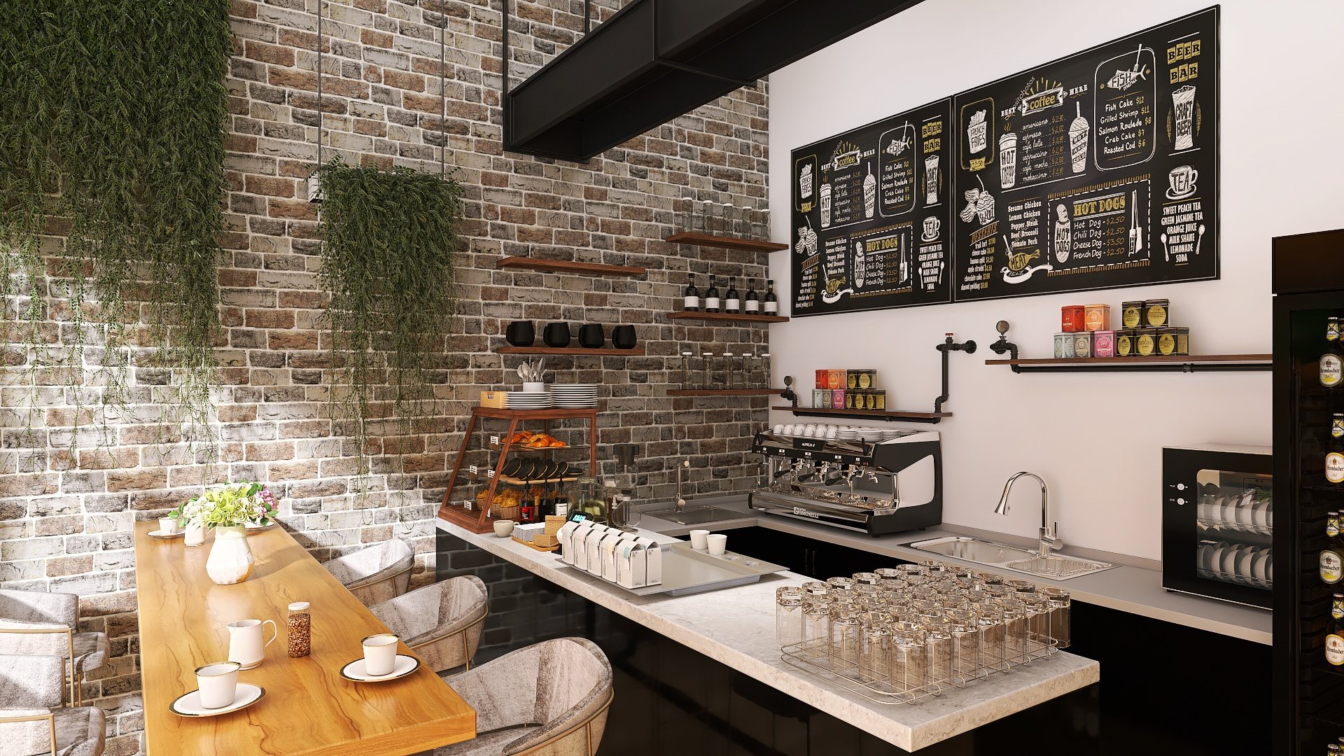 Randare: zona barului cu espressor și vitrine