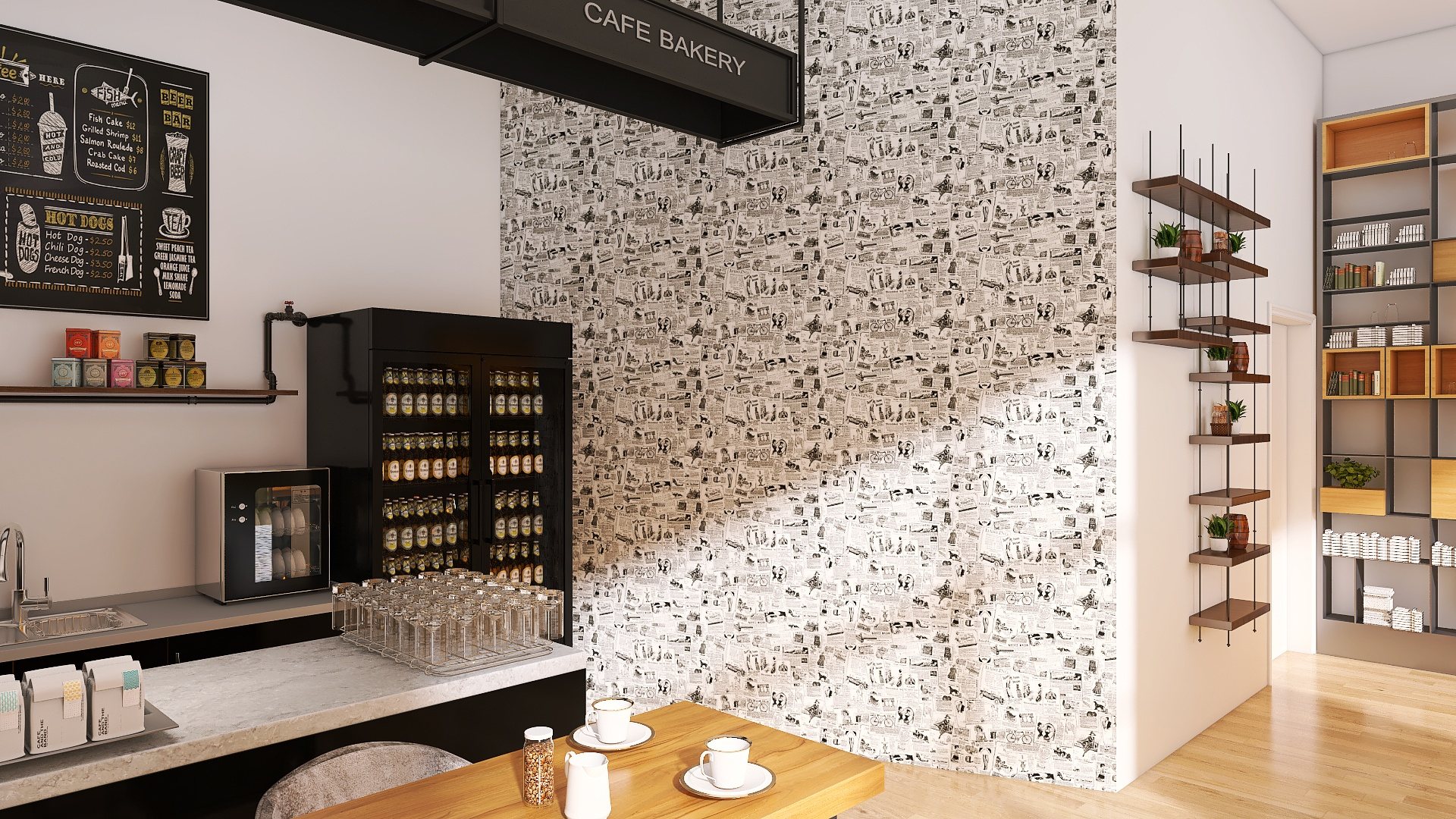 Randare: cafenea cu rafturi metalice și vitrine frigorifice