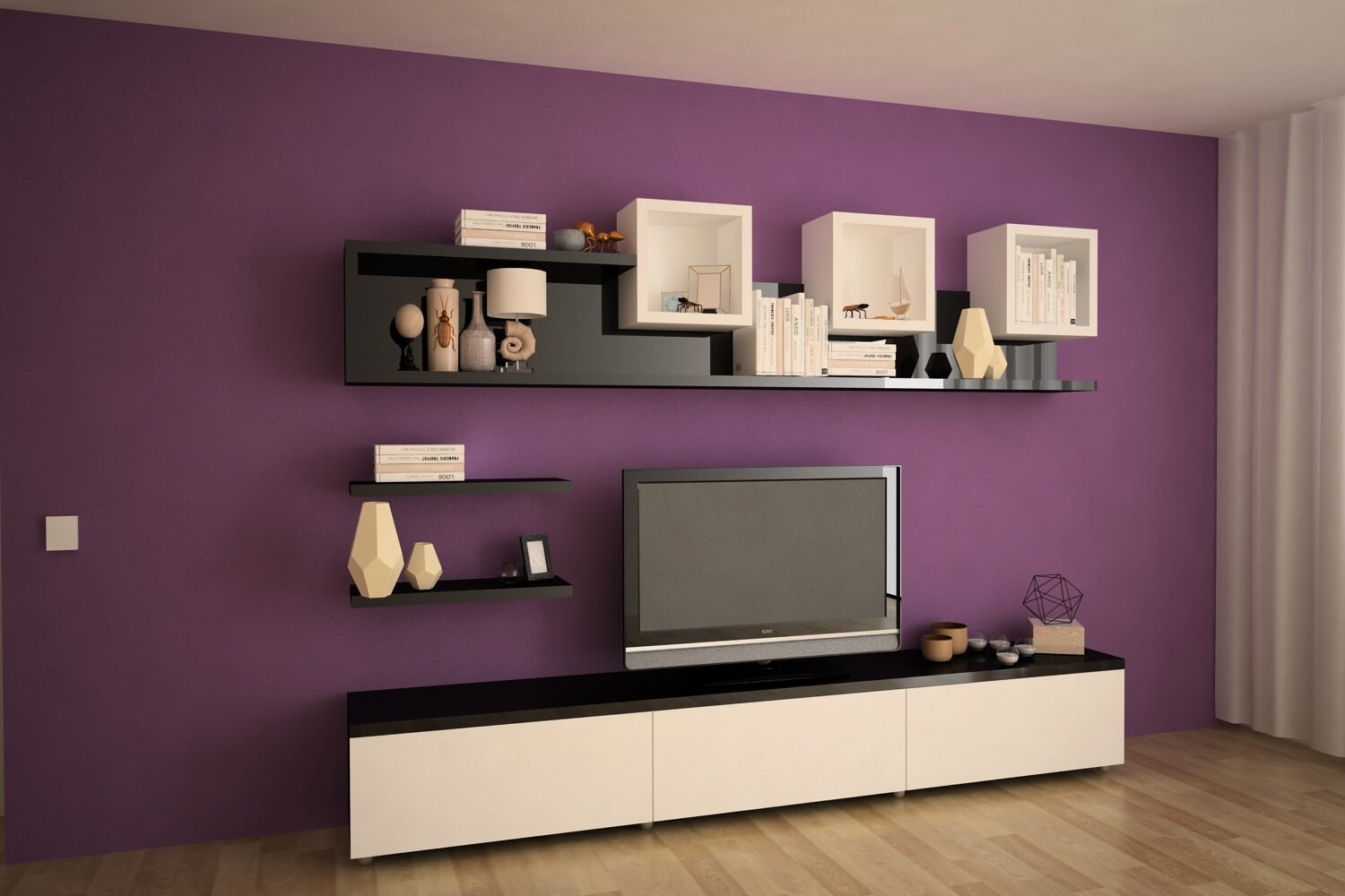 Randare: mobilier TV alb și negru pe perete mov